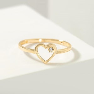 14K Real Solid Yellow Gold Open Heart Ring with Small Simulated Diamond, Women Heart Shaped Engagement Ring, Heart Symbol Gold Wedding Ring