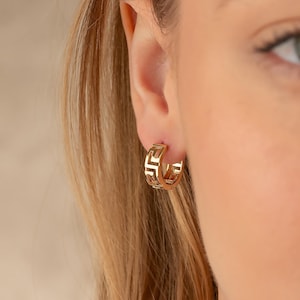Byzantine Earrings 14K Solid Gold, Greek Key Earrings Hoops Huggie Earring, Wide Greek Key Pattern Huggy, Meander Hoop Earrings Women