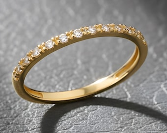 14K Solid Gold Pave Wedding Band, Simulated Diamond CZ Eternity Ring, Dainty Half Eternity Stacking Band, Anniversary Gift for Wife Her
