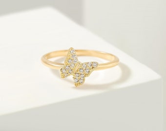 Butterfly Ring 14K Solid Gold with Tiny Simulant Diamond, Butterfly Shape Stackable Ring Women, Animal Ring with Cz Stone