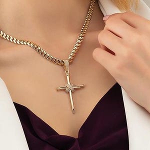 Nail Cross Pendant Necklace with 14K Solid Real Gold Simulant Diamond, Religious Charm Necklace, Cz Jesus Cross Necklace Christian Gift Idea