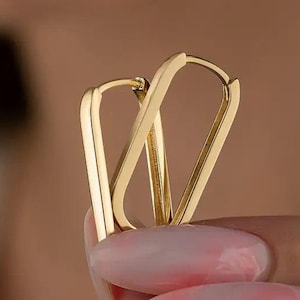 14K Solid Gold Oval Hoop Earrings, 16mm, 19mm & 24mm Tiny Rectangular Huggies for Women, Minimalist Fine Jewelry Gift for Her, Everyday
