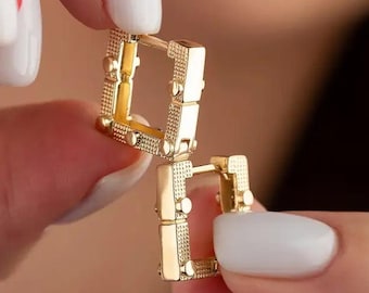 Orecchini a cerchio quadrati in oro massiccio 14 carati, orecchini a cerchio geometrici a coste per donna, gioiello raffinato minimalista, regalo perfetto per lei, orecchini a cerchio in oro da indossare tutti i giorni