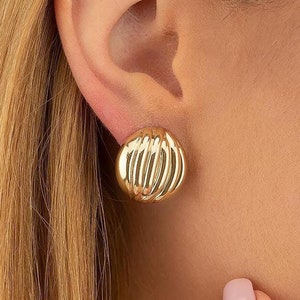 14K Yellow Gold Fancy Round Omega Back Post Earrings, Chunky Croissant Dome Earrings Studs women, Huggie Thick Hoop Earrings Gifted for Her