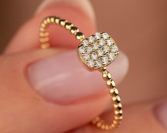 14K Solid Gold Square Signet Ring, Pave CZ Eternity Band, Geometric Simulated Diamond Pinky Ring, Elegant Statement Gift for Her Wife