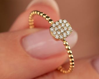 Thin Simulated Diamond Engagement Ring 14K Solid Real Gold Square Signet, Multi Stone Wedding Ring Full Eternity Bubble Ball Band