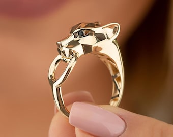 14K Yellow Gold Panther Head Ring, Wild Animal Inspire Green Gemstone Eye Fantasy Ring Women, 14K Solid Real Gold Fancy Panthere Ring Girl