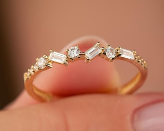 14K Solid Gold Baguette Half Eternity Ring, CZ Simulated Diamond Wedding Band, Minimalist Stacking Jewelry, Anniversary Gift Wife Her