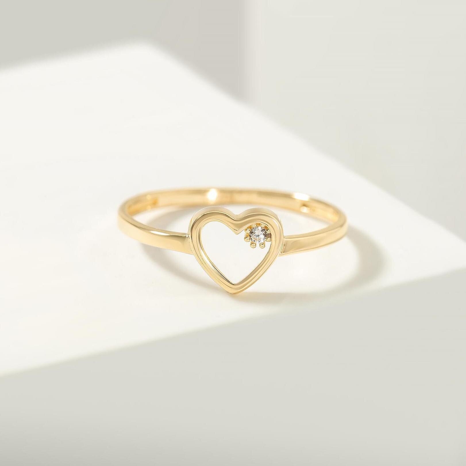 14K Real Solid Yellow Gold Open Heart Ring with Small Simulated Diamond, Women Heart Shaped Engagement Ring, Heart Symbol Gold Wedding Ring