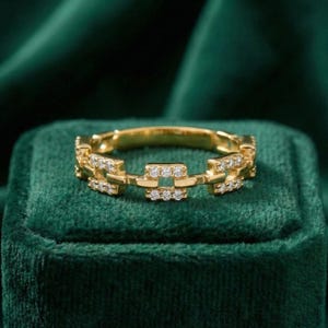 14K Solid Gold Kette Link Ring Diamant Pave Band Moderne Geometrische Schmuck Zierliche Stapeln Accessoire Einzigartige Jahrestag Geschenk Frauen Chic Bild 8