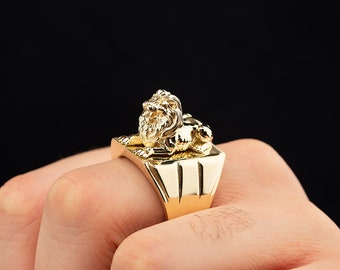 Unique Fantasy Gold Lion Ring, Handcrafted 14K Solid Gold