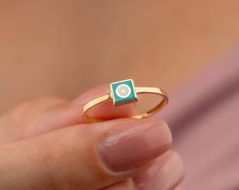 Dainty 14k  Solid Gold Evil Eye Handmade Ring Turquoise