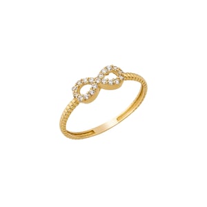 May include: A gold infinity ring with a row of small clear stones around the infinity symbol.