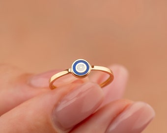 14K Gold Evil Eye Stackable Rings Gold Jewelry Blue