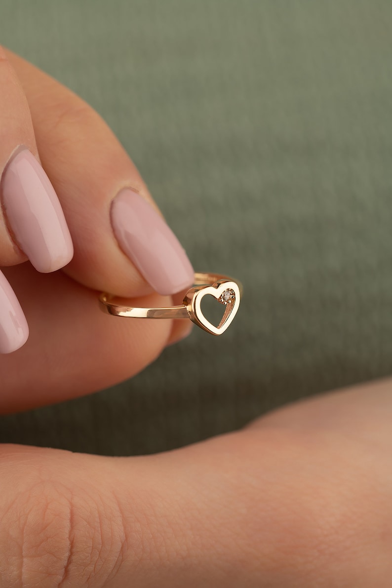 14k Real Solid Yellow Gold Heart Ring, 14k Solid Gold Women Heart Ring, Heart Symbol Gemstone Gold Ring for Women, Gift, Gold Women Ring image 1