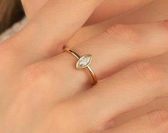 Marquise Cut Engagement Ring 14K Gold Simulated Diamond Wedding Ring Her, Marquise Bezel Set Ring Summer Gift Zirconia Stone Braided Ring