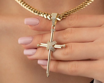 14K Gold CZ Nail Cross Pendant