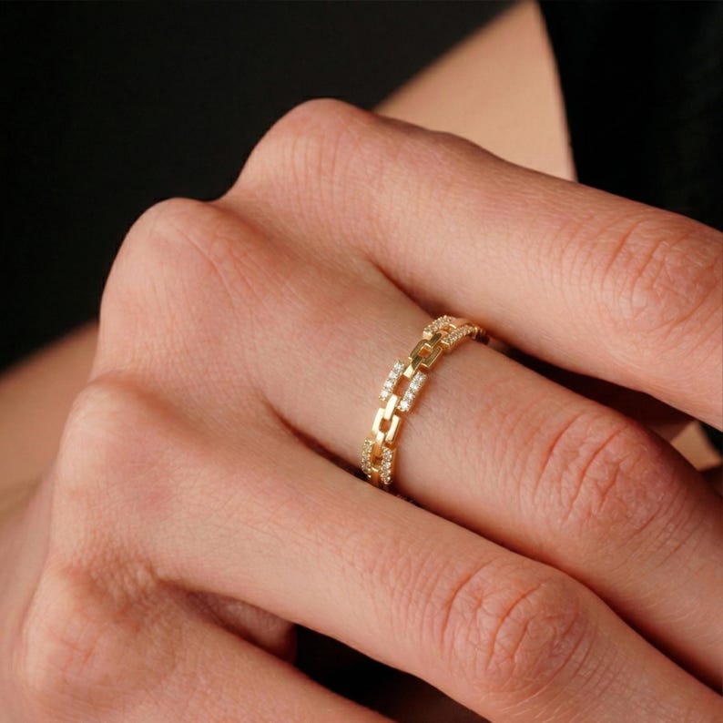 14K Solid Gold Kette Link Ring Diamant Pave Band Moderne Geometrische Schmuck Zierliche Stapeln Accessoire Einzigartige Jahrestag Geschenk Frauen Chic Bild 7