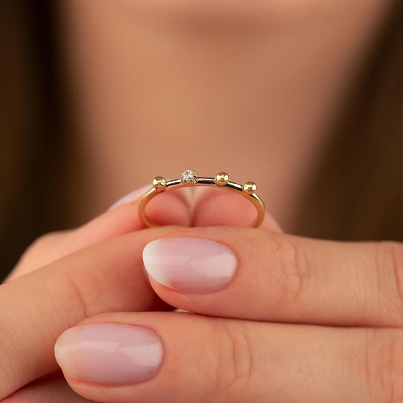 14K Solid Gold Rosary Ring Ball Band Thin Simulated Diamond Ring