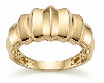 Anillo de oro macizo de 14 quilates con forma de cúpula acanalada, banda tipo croissant, pieza llamativa y llamativa, joyería fina vintage, regalo único de aniversario para mujer, sencillo y minimalista.
