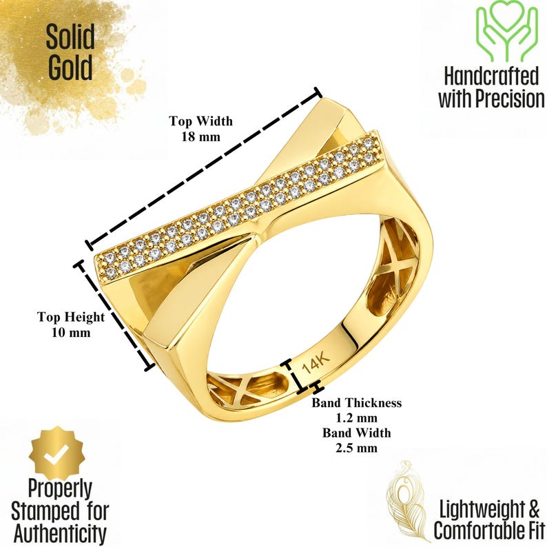 May include: A solid gold ring with a rectangular top, 18 mm wide and 10 mm high, adorned with small, sparkling stones. The band is 2.5 mm wide and 1.2 mm thick. The ring is stamped for authenticity.