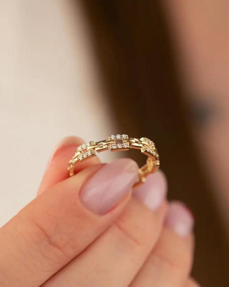 14K Solid Gold Hinged Segment with CZ Pave Square Links Ring - Rings