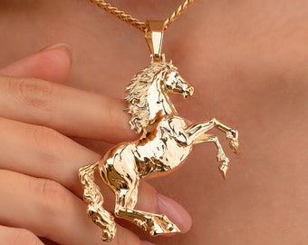 14K Gold Horse Charm Necklace, Solid Gold Horse Pendant Necklace, Dainty Horse Pendant Yellow Gold