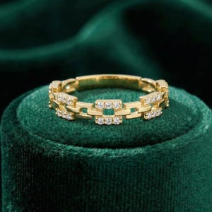 14K Solid Gold Kette Link Ring Diamant Pave Band Moderne Geometrische Schmuck Zierliche Stapeln Accessoire Einzigartige Jahrestag Geschenk Frauen Chic Bild 4