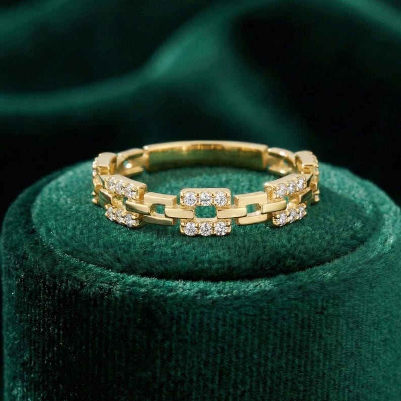 14K Solid Gold Kette Link Ring Diamant Pave Band Moderne Geometrische Schmuck Zierliche Stapeln Accessoire Einzigartige Jahrestag Geschenk Frauen Chic Bild 4