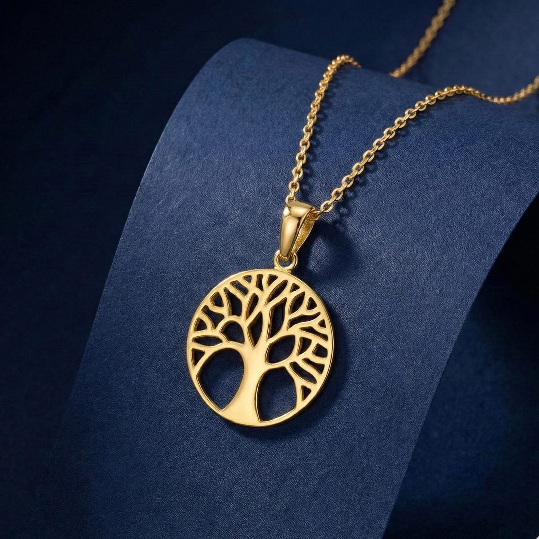 14K Solid Gold Tree of Life Necklace, Round Pendant, Family Roots ...