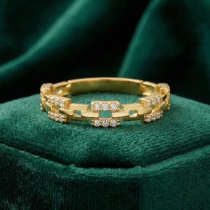 14K Solid Gold Kette Link Ring Diamant Pave Band Moderne Geometrische Schmuck Zierliche Stapeln Accessoire Einzigartige Jahrestag Geschenk Frauen Chic Bild 6