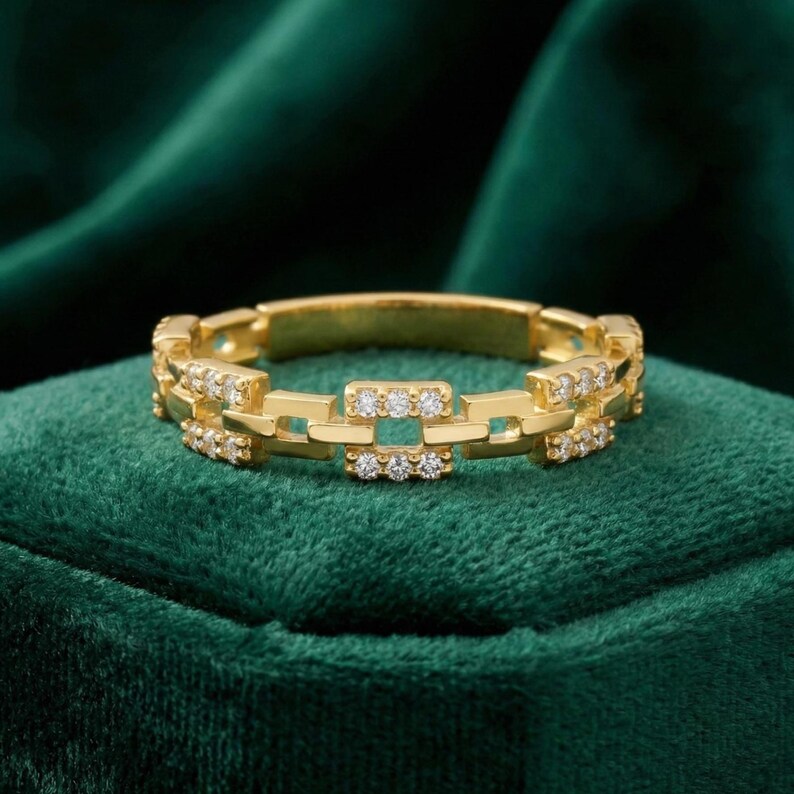 14K Solid Gold Kette Link Ring Diamant Pave Band Moderne Geometrische Schmuck Zierliche Stapeln Accessoire Einzigartige Jahrestag Geschenk Frauen Chic Bild 6