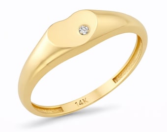 14K Solid Gold Herz Siegelring, simulierter Diamant CZ Versprechen Ring, einzigartiges zierliches Pinky Band für Frauen, Jubiläumsgeschenk Frau Freundin