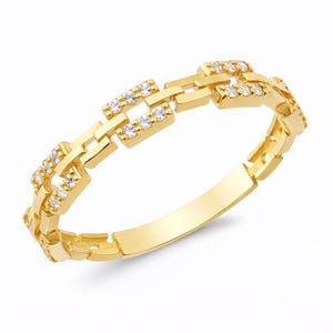14K Solid Gold Kette Link Ring Diamant Pave Band Moderne Geometrische Schmuck Zierliche Stapeln Accessoire Einzigartige Jahrestag Geschenk Frauen Chic Bild 3