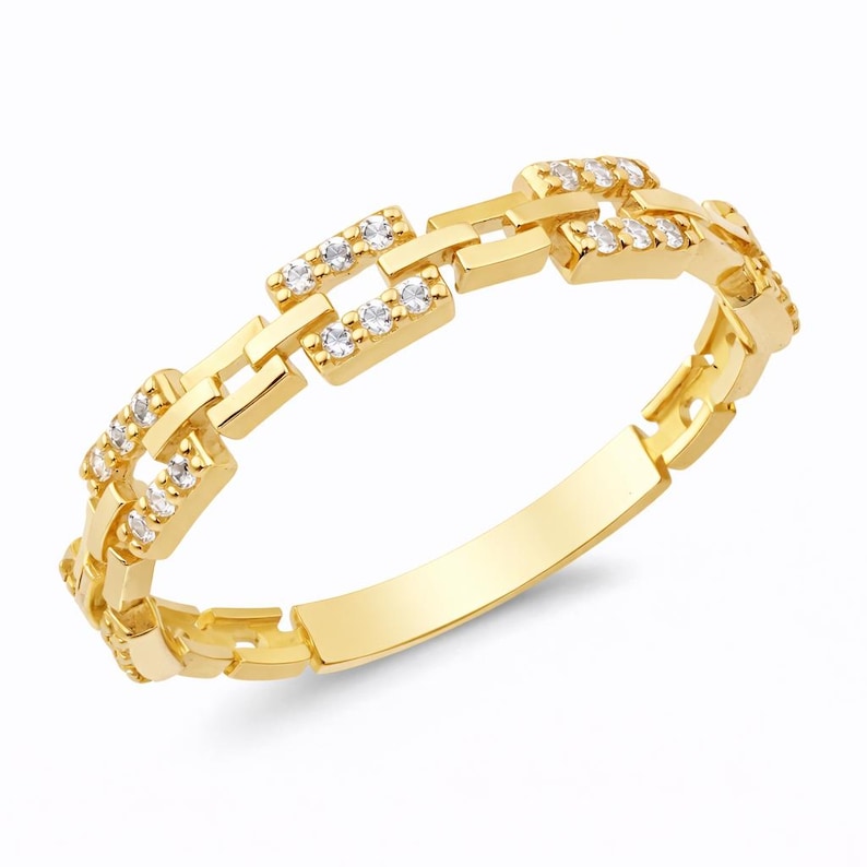 14K Solid Gold Kette Link Ring Diamant Pave Band Moderne Geometrische Schmuck Zierliche Stapeln Accessoire Einzigartige Jahrestag Geschenk Frauen Chic Bild 3