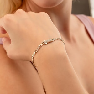 14K Solid Gold 4mm Monaco Chain Bracelet, Luxury Stackable Everyday Bracelet with Cubic Zirconia, Gold Link Stacking Cz Summer Jewelry Gift