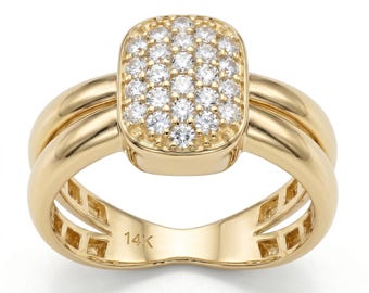 Anillo de oro macizo de 14 quilates con diamantes pavé, estilo cojín, con banda dividida, diseño llamativo, joyería fina vintage, regalo único de aniversario para mujer, doble vástago.