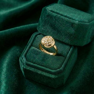K&ouml;nnte beinhalten: Ein goldener Ring mit einem runden, diamantbesetzten Oberteil, pr&auml;sentiert in einer dunkelgr&uuml;nen Samtringbox. Der Ring hat ein Band mit detailliertem, durchbrochenem Design. Der Hintergrund ist dunkelgr&uuml;ner Samt.