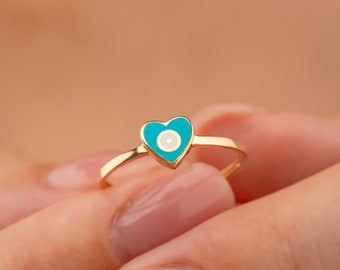 Dainty 14k Gold Heart Evil Eye Handmade Ring Turquoise