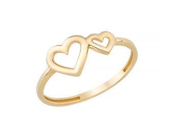 14K Solid Gold Open Double Heart Ring, Two Heart Wedding Band for Women, Romantic Bypass Promise Jewelry, Anniversary Gift for Wife Her