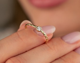 14K Solid Gold CZ Single Stone Braided  Ring
