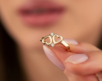 14K Solid Gold Double Heart CZ Ring