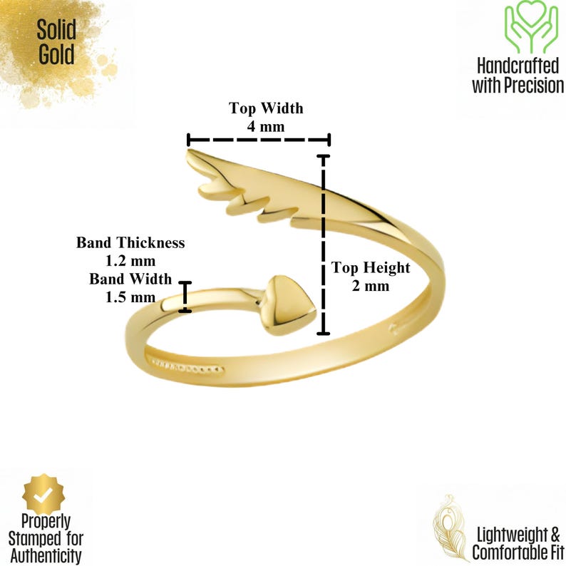 May include: A solid gold ring with an arrow design. The ring features a band width of 1.5 mm, a band thickness of 1.2 mm, and a top height of 2 mm. The top width is 4 mm. The ring is stamped for authenticity and is lightweight and comfortable.