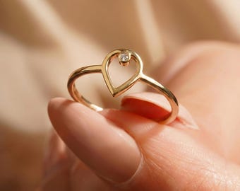 14K massief gouden hartring met diamant, handgemaakt minimalistisch liefdesontwerp voor vrouwen, fijne sieraden cadeau voor haar, stapelen gouden ring
