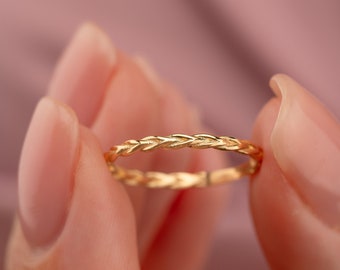 14k Yellow Gold Braided Band Ring Skinny Band Thin Stacking Ring