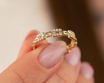 14K Solid Gold Hinged Segment with CZ Pave Square Links Ring