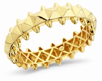 14K Solid Gold Spike Studded Eternity Band Ring, Edgy Pyramid Statement Jewelry, Punk Minimalist Anniversary Gift for Her Wife Unique Bold