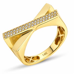 May include: A gold ring with a geometric design. The ring features a rectangular bar across the top, encrusted with small, clear gemstones. The band is a polished gold, and the ring is marked with "14K".