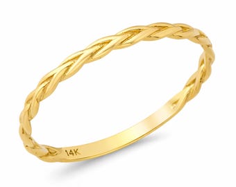 14K Solid Gold Twisted Ring, 1.65mm Rope Style Dainty Band, Minimalist Stackable Wedding Jewelry, Everyday Birthday Gift for Wife Women