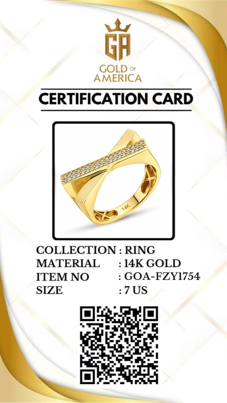 May include: A gold ring with a geometric design, featuring a row of small, sparkling stones. The ring is on a certification card from Gold of America. The size is 7 US.